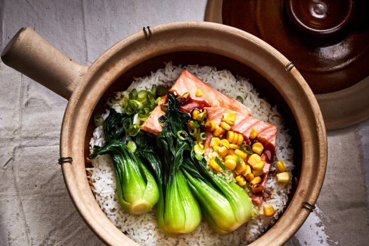 food & wine march 2020 clay pot cooking chinese sand pot: ginger crispy rice with salmon (bao zai fin)